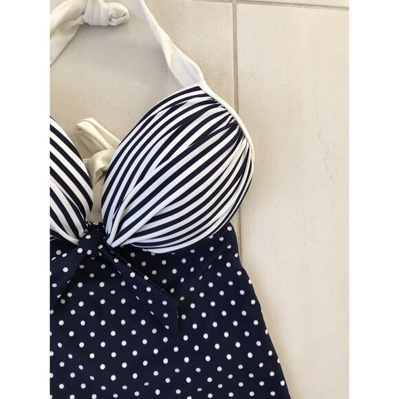 Beach Joy One Piece Swimsuit Halter Polka Dot Striped - Picture 3 of 9